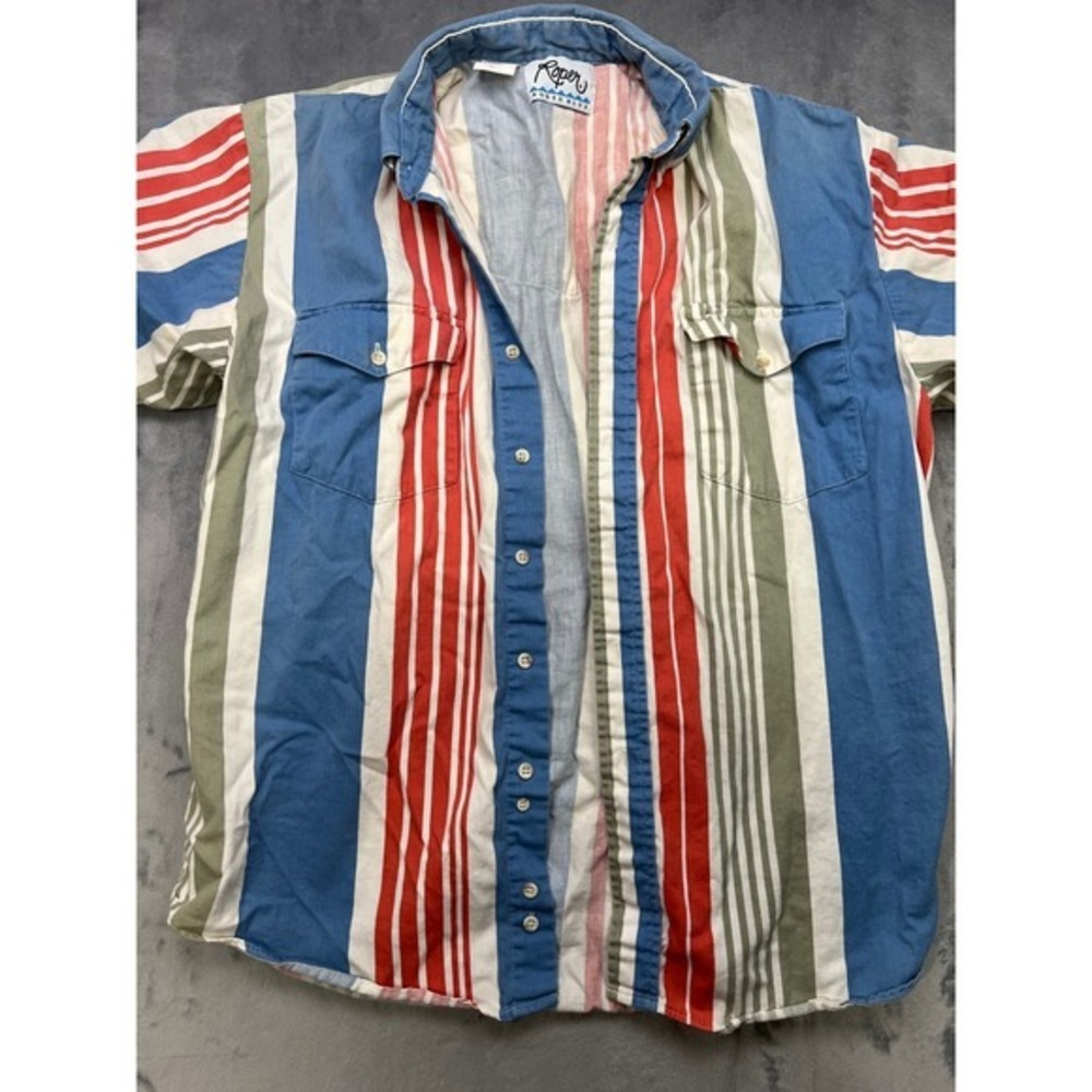Vintage Roper Rodeo Blue Large Short Sleeve Striped Western Button Down Shirt